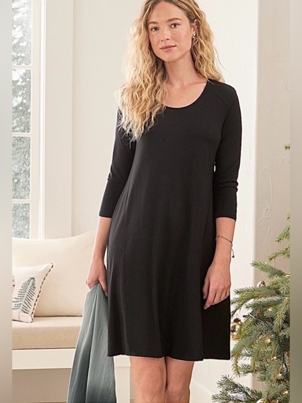 Garnet Hill Fine TENCEL™ Lyocell Jersey 3/4 Sleeve Soft Black Swing Dress, XL